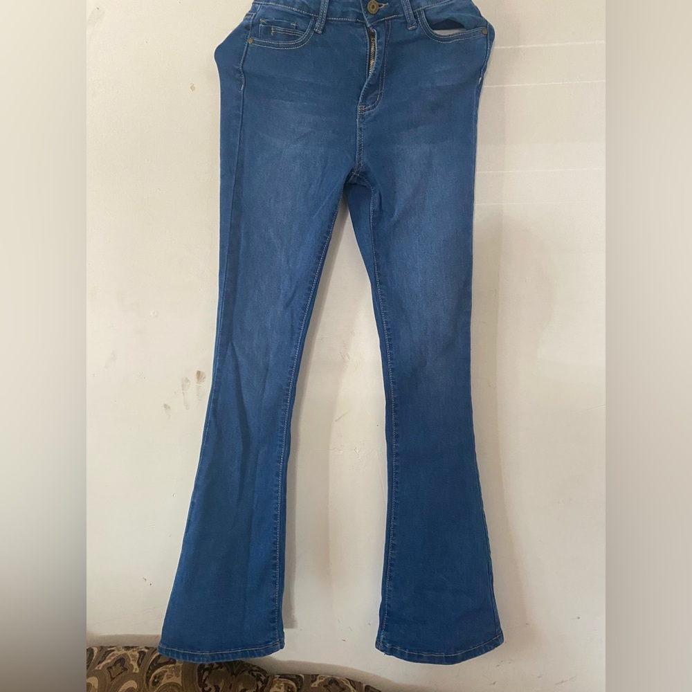 Blue Flare Wide Leg Jeans with Smooth Finish